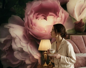 Pink rose wallpaper, dark floral wall mural, floral bouquet wall decor, peony wall art, peel and stick self adhesive or traditional vinyl