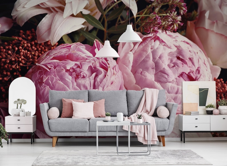 Pink Peonies Wall Mural, Peel and Stick Wallpaper, Floral Wall Art ...