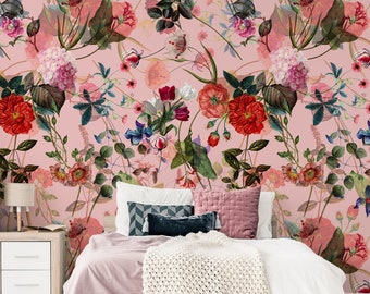Pink Floral Wallpaper Peel and Stick Wall Mural With Painted - Etsy Ireland Pink Floral Wallpaper Peel and Stick Wall Mural With Painted - Etsy Ireland