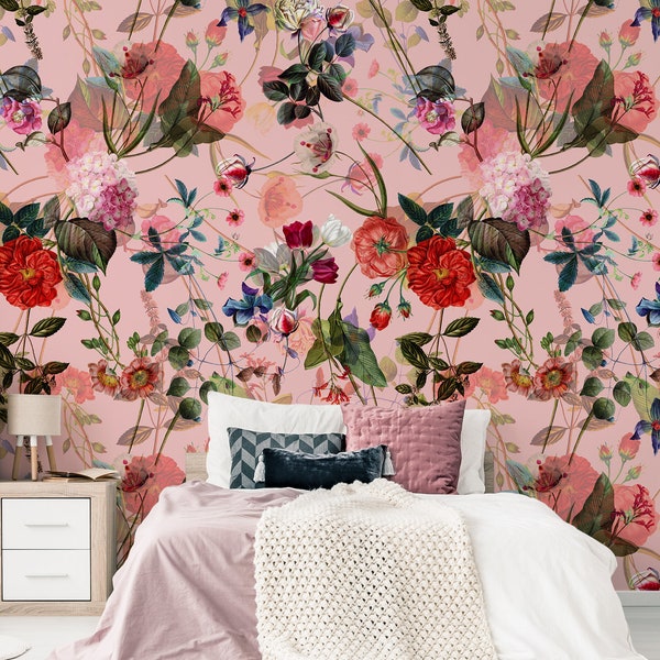 Pink floral wallpaper, peel and stick wall mural with painted flowers on pink background, removable wallpaper, home decor