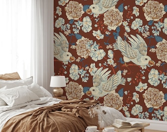 Papel tapiz floral vintage, papel tapiz removible despegable y pegable, patrón de pájaros y flores, papel tapiz autoadhesivo, mural de pared, decoración de pared