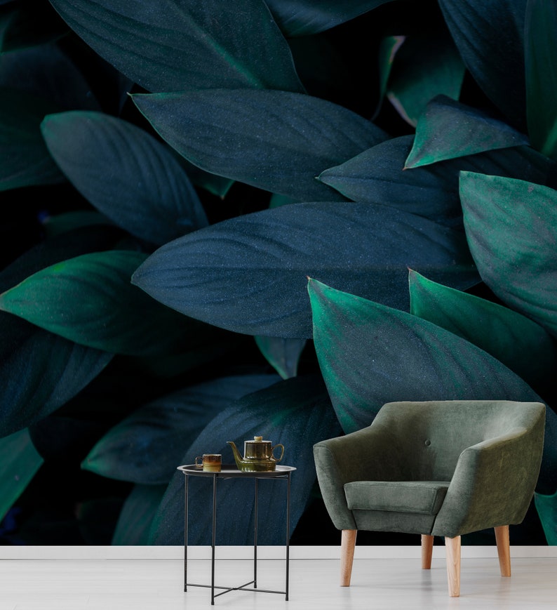 Dark Tropical Wall Mural With Big Green Leaves, Peel and Stick ...