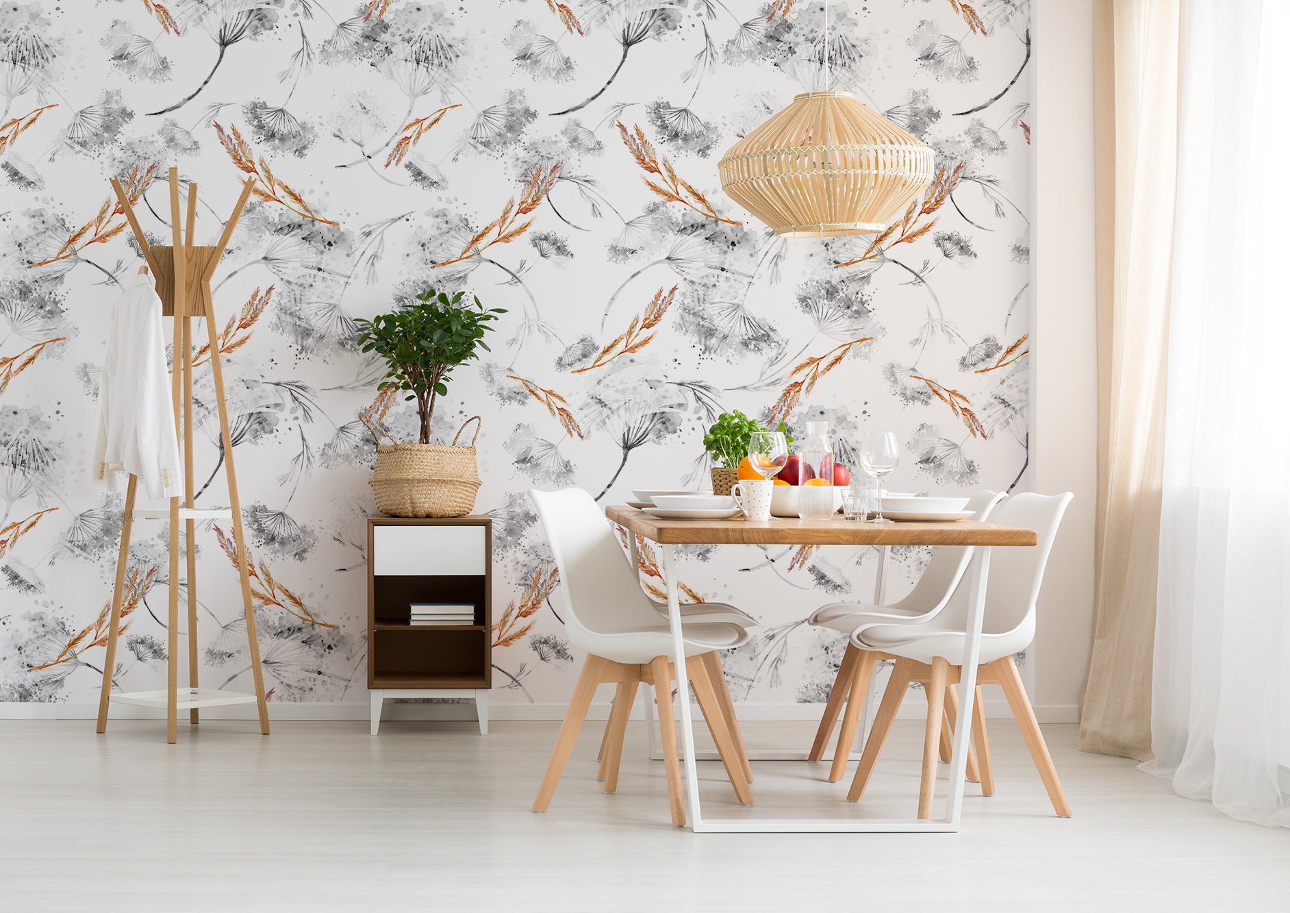 Floral Wallpaper With Watercolor Flowers and Leaves, Peel and Stick ...