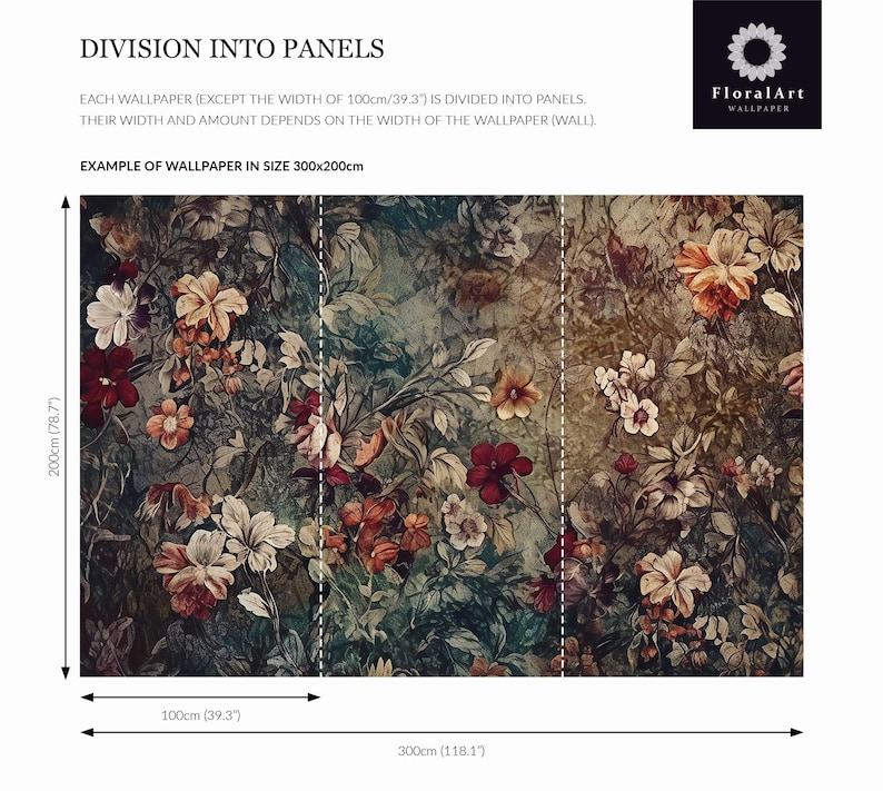 May include: A floral wallpaper mural featuring dark, moody tones with red, orange, and white blossoms. The image includes text: DIVISION INTO PANELS, FloralArt WALLPAPER, and dimensions showing a total size of 300cm by 200cm or 118.1 inches by 78.7 inches.
