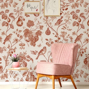 Vintage style floral wallpaper mural, self adhesive removable wallpaper, bird wall mural, peel and stick wallpaper, wall decor
