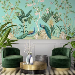 Chinoiserie Vogel- und Blumentapete, botanisches Wandbild, selbstklebend, schälen und aufkleben, entfernbar oder traditionell, Vinyl-Tapete