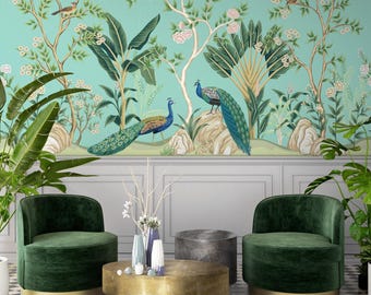 Chinoiserie bird & flower wallpaper, botanical wall mural, self adhesive, peel and stick, removable or traditional, vinyl wallpaper