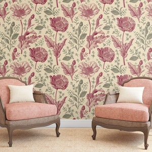 Poppies wallpaper, wildflowers wall mural, vintage wallpaper, self adhesive, peel and stick, removable or traditional, vinyl wallpaper
