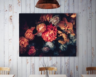 Beautiful flowers canvas print, canvas roll for self assembly, dark floral print, floral wall art, home decor