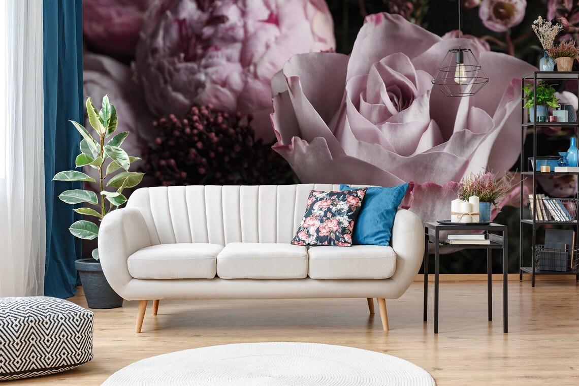 Purple Floral Wall Mural Peel and Stick Wallpaper Self Etsy