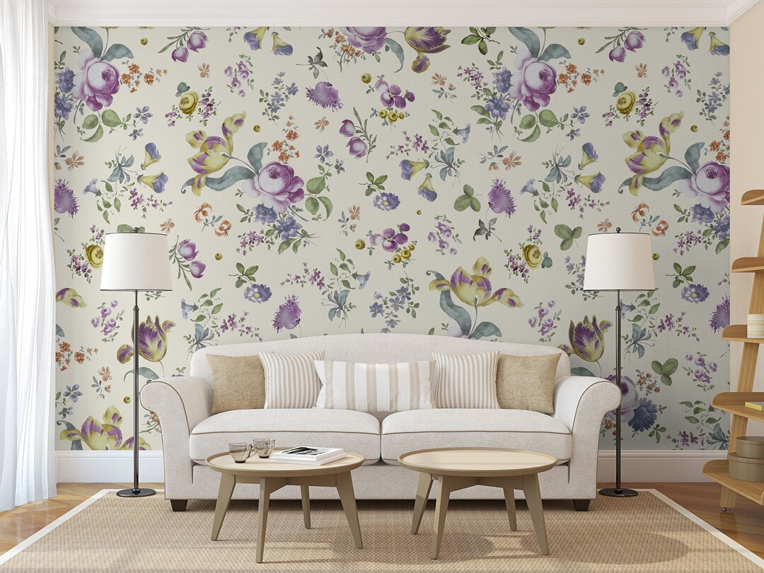 Pink And Purple Floral Wallpaper With Exotic Flowers And Leaves, Peel And Stick Wall Mural, Self Adhesive, Wall Decor