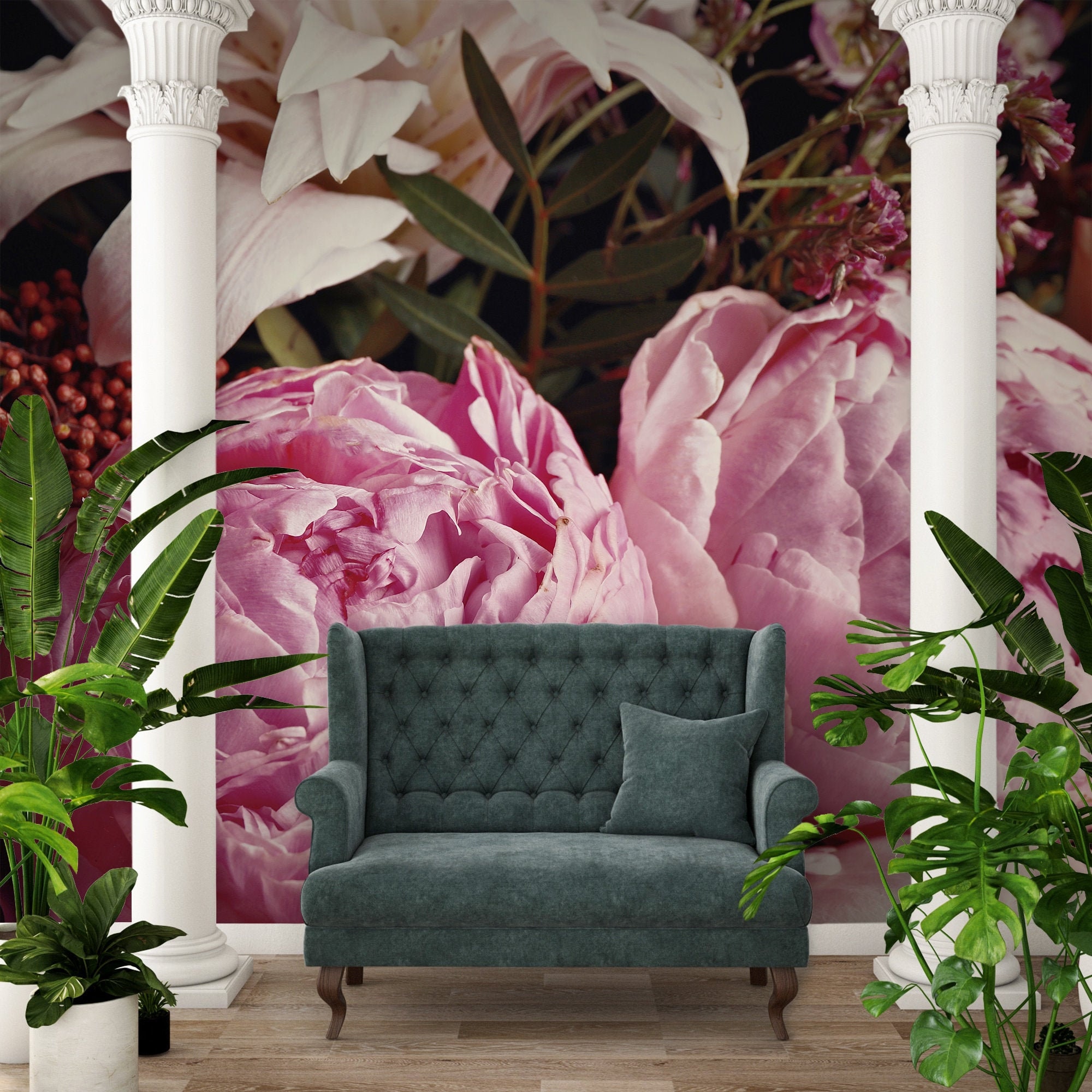 Pink Peonies Wall Mural, Peel and Stick Wallpaper, Floral Wall Art ...