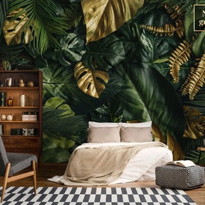 Tropical dark palm leaves wall mural, peel and stick wallpaper, self adhesive exotic wall mural, removable wallpaper, wall decor