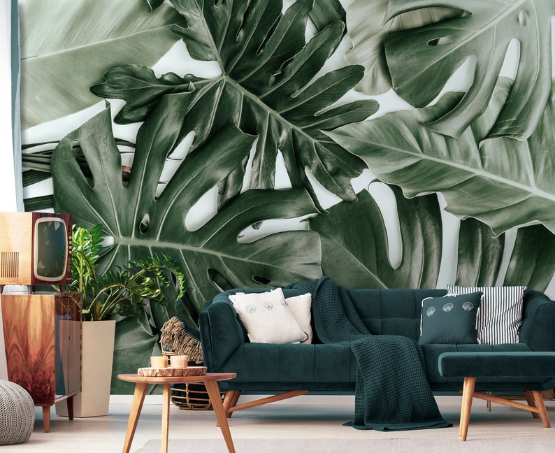 Monstera Leaf Wall Mural Peel and Stick Tropical Wallpaper Etsy