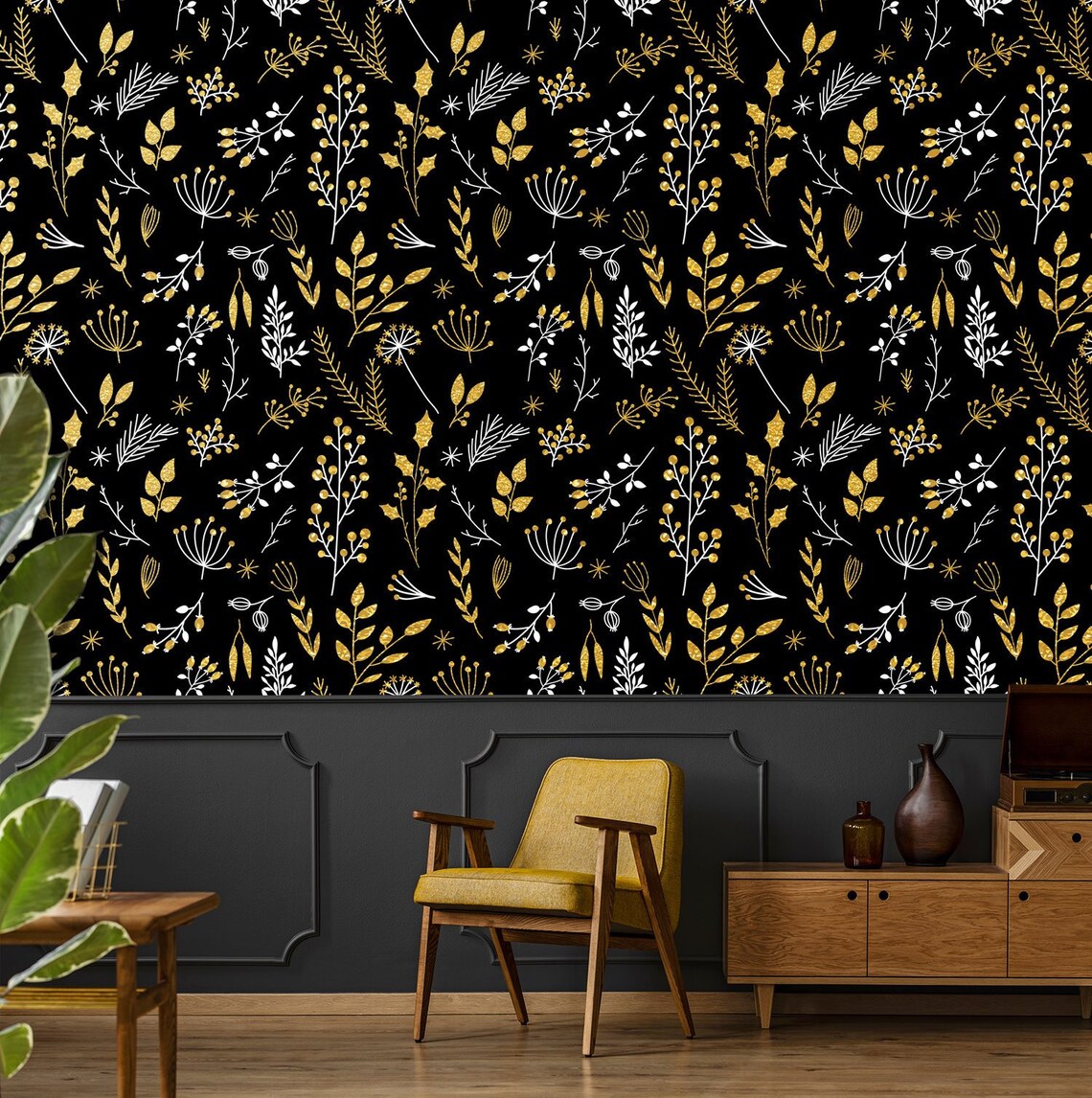 Dark botanical wallpaper with branches & berries removable | Etsy