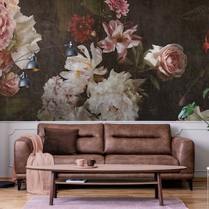 Vintage floral painting wall mural, self adhesive removable wallpaper, floral print, peel and stick wallpaper, botanical wall decor