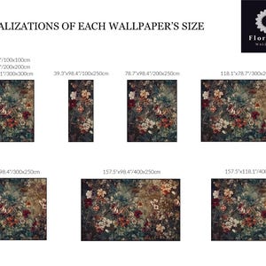 May include: A chart titled VISUALIZATIONS OF EACH WALLPAPER'S SIZE featuring the FloralArt Wallpaper logo and eight rectangular samples of dark floral wallpaper in various dimensions ranging from 100x100cm to 400x300cm.