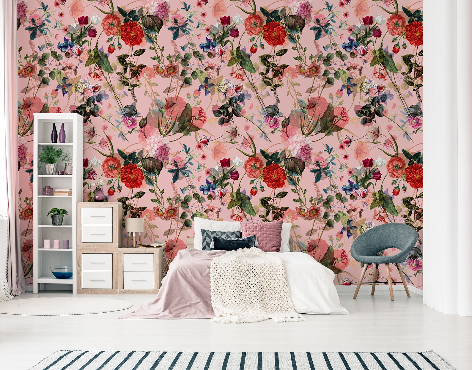 Pink Floral Wallpaper Peel and Stick Wall Mural With Painted - Etsy