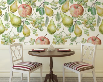 Botanical wallpaper, fruit pattern, self adhesive, peel and stick, removable or traditional, vinyl wallpaper