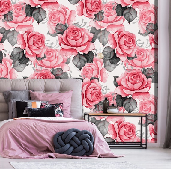 Pink rose wallpaper, floral watercolor wallpaper, wallpaper roll, self adhesive vinyl, temporary wallpaper, pressed flower, wdding clipart