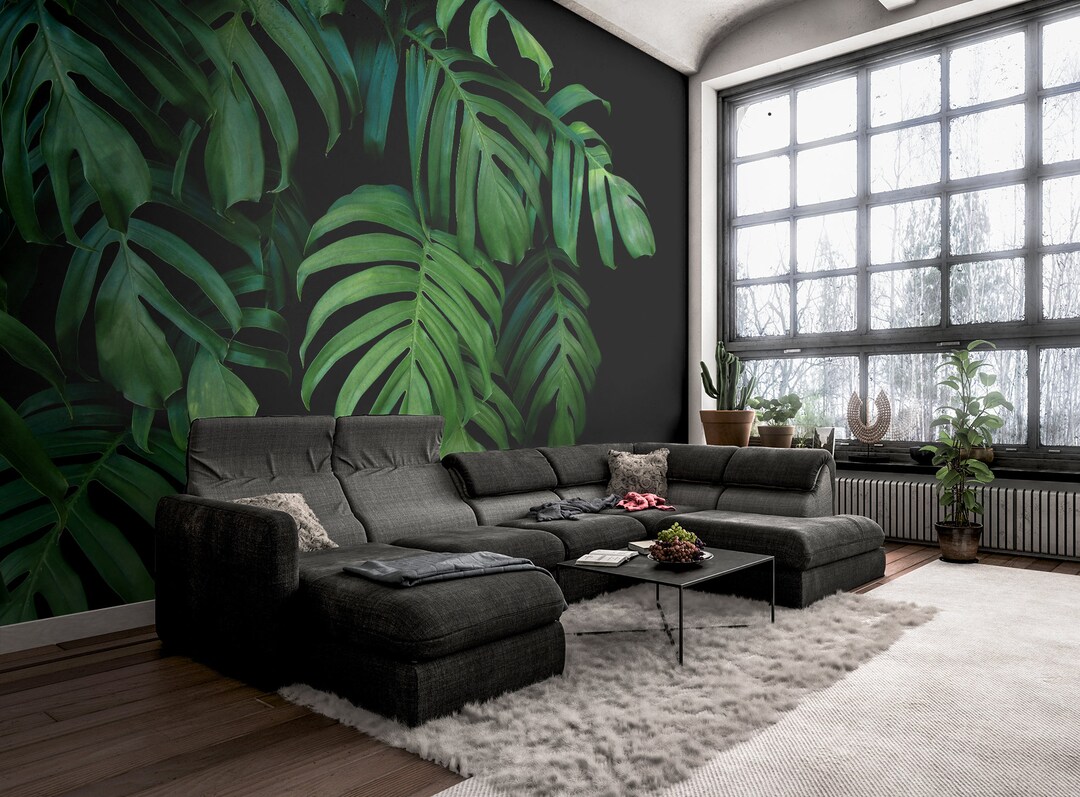Dark Tropical Leaf Wall Mural, Peel and Stick Removable Wallpaper, Palm ...