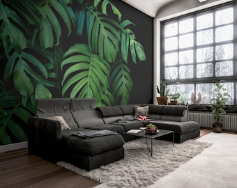 Donkere tropische muurschildering met bladeren, verwijderbaar behang met afpellen en plakken, palmbladeren op zwarte achtergrond, bladafdruk, monstera-wanddecor