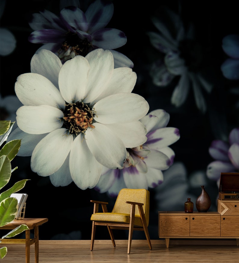 Dark Floral Mural Removable Wallpaper Self Adhesive Floral Etsy