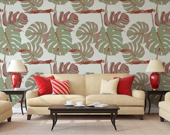 Monstera leaf wallpaper, tropical green plant wall mural, self adhesive, peel and stick, removable or traditional, vinyl wallpaper