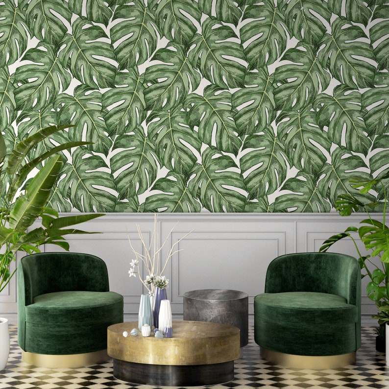 Monstera Leaf Wallpaper Peel and Stick Tropical Wall Mural Etsy