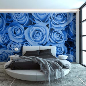 Blue rose floral wallpaper, vintage wall mural, botanical decor, self adhesive, peel and stick, removable or traditional, vinyl wallpaper