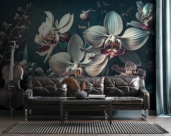 Dunkles florales Wandbild, Orchideenblüten Tapete, selbstklebend, schälen und aufkleben, abnehmbar oder traditionell, Vinyltapete