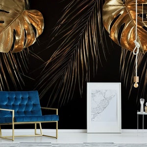 Gold Palme Monstera Blätter Wand wandbild, peel and stick abnehmbare Tapete, tropische Blätter auf schwarzem Hintergrund, BlattDruck, Wanddeko