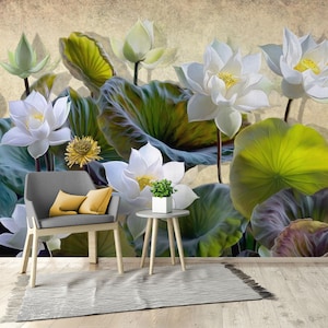 Lotus wandbild, selbstklebende abnehmbare Tapete, grüne Natur Blumendruck, Peel and Stick Tapete, Wand Deko