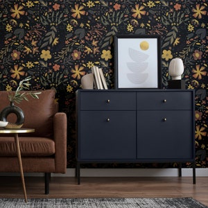 Dunkle Blumentapete, gelbe und orange Blumen Wandbild, selbstklebend, schälen und aufkleben, abnehmbar oder traditionell, Vinyltapete