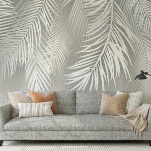 Gray tropical palm leaf wall mural, botanical self adhesive removable wallpaper, peel and stick temporary wallpaper mural, home decor