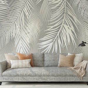 Graues tropisches Palmblatt Wandbild, botanische selbstklebende abnehmbare Tapete, schälen und kleben temporäres Tapetenbild, Wohnkultur
