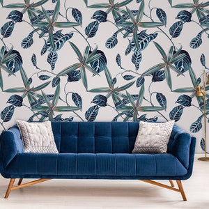 Papel tapiz tropical con rama de liana azul y hojas de palma, mural de pared de pelar y pegar, papel tapiz temporal extraíble, decoración del hogar