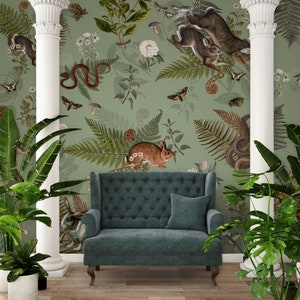Forest plant and animal, fern leaves wallpaper, vintage wall mural, self adhesive, peel and stick, removable or traditional, vinyl wallpaper