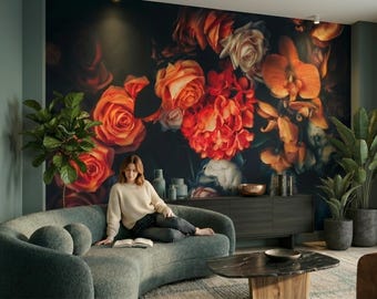 Beautiful flowers wallpaper, vintage floral wallpaper mural, dark floral wall decor, self adhesive peel and stick or traditional vinyl