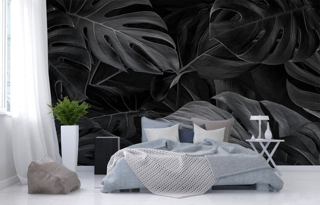 Black Tropical Wall Mural, Peel and Stick Floral Wall Mural, Monstera ...