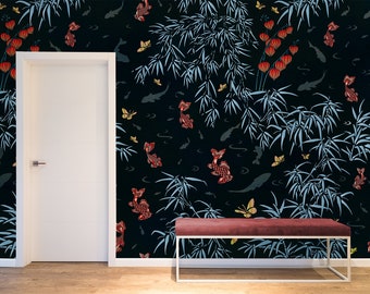 Japanese style wall mural, dark color fish pattern wallpaper, self adhesive, peel and stick, removable or traditional, vinyl wallpaper
