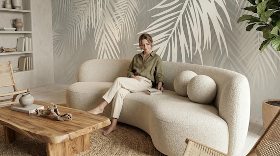 Beige tropical palm leaf wall mural, botanical wallpaper, boho wall decor, self adhesive peel and stick or traditional vinyl