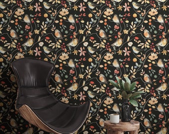 Papel tapiz floral vintage oscuro con pájaros, mural de pared de acuarela, autoadhesivo, despegable y pegable, extraíble o tradicional, papel tapiz de vinilo