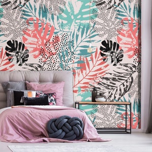 Colorful leaves wall mural, self adhesive wallpaper, botanical wall art, wall mural, removable mural, peel and stick wallpaper, wall decor