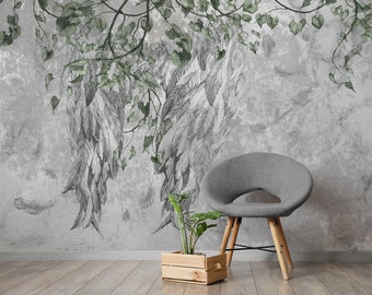 Papel pintado grunge, hojas sobre fondo de hormigón, mural de pared, autoadhesivo, despegable y pegado, extraíble o tradicional, papel pintado de vinilo
