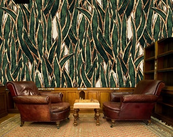 Exotic wallpaper with abstract palm leaves, peel and stick floral wall mural, vintage wall decor, botanical print set, wallpaper roll#