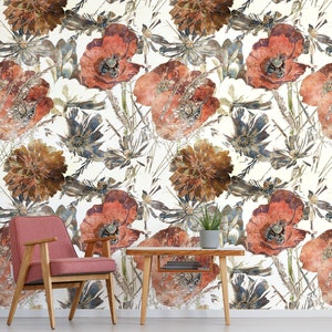 Peel and Stick Wallpaper With Floral Pattern of Red Poppy and Peony ...