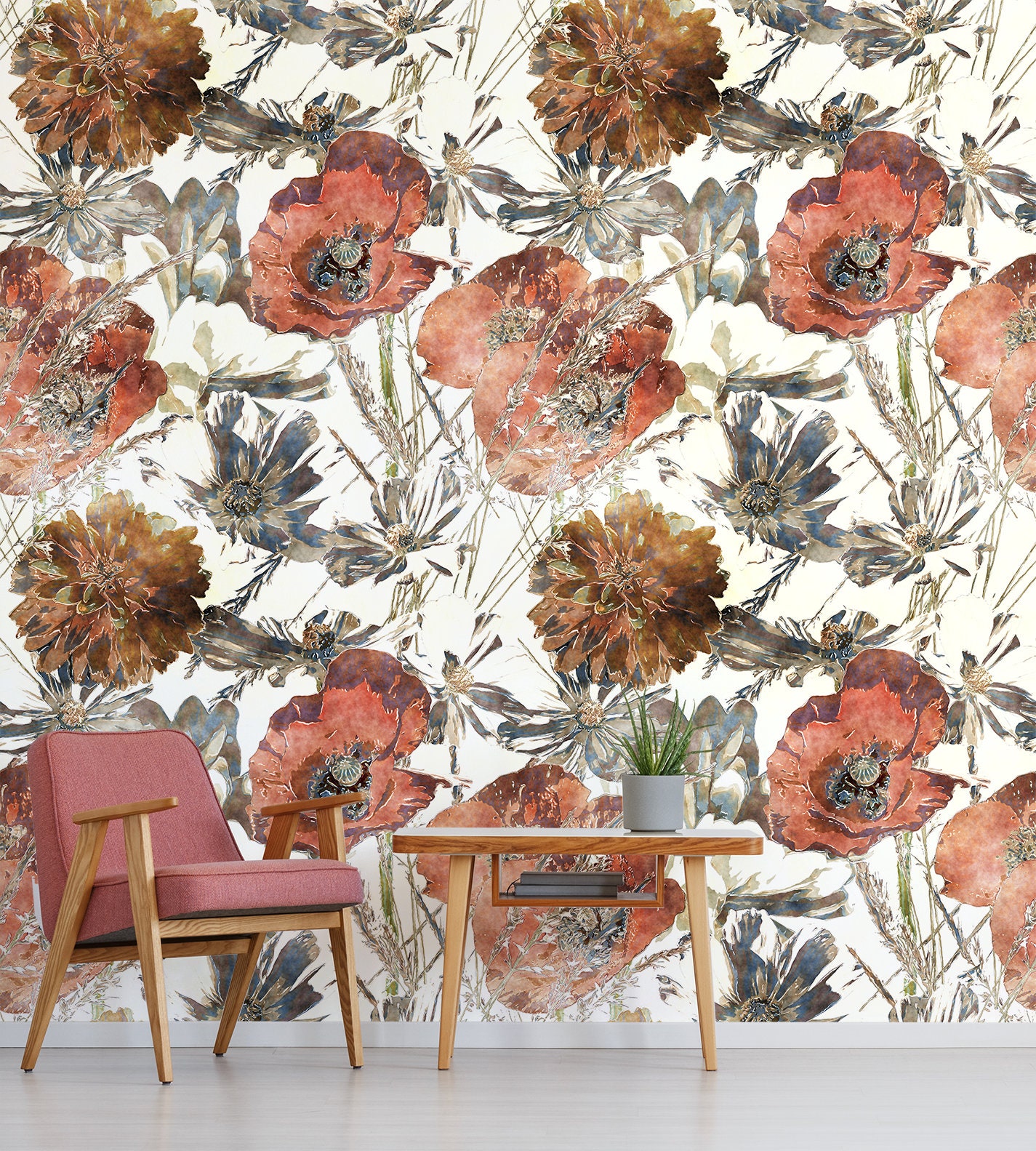 Peel and Stick Wallpaper With Floral Pattern of Red Poppy and Peony ...