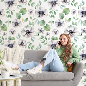 Watercolor floral wallpaper, white flowers wall mural,  self adhesive, peel and stick, removable or traditional, vinyl wallpaper