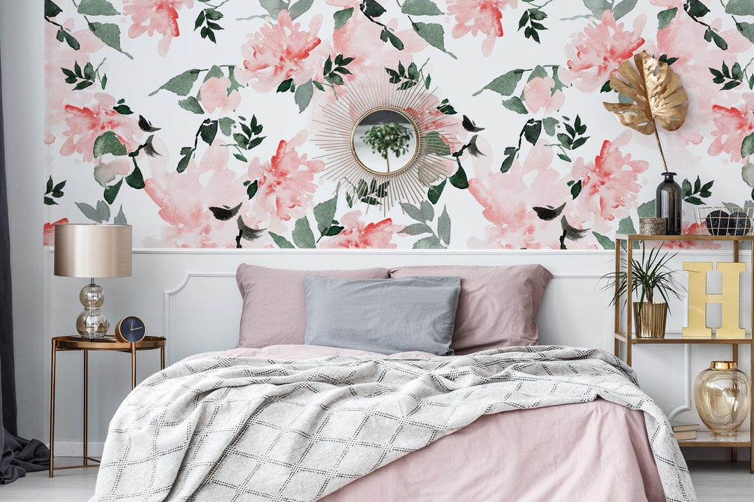 Beautiful Floral Wallpaper With Pink Watercolor Flowers, Peel and Stick ...